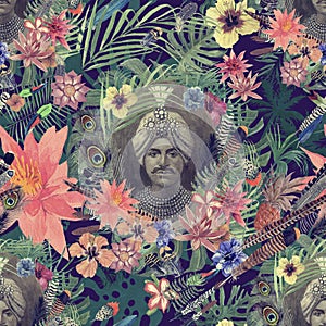 Semaless watercolor pattern with maharajah portrait, flowers, leaves, flowers.