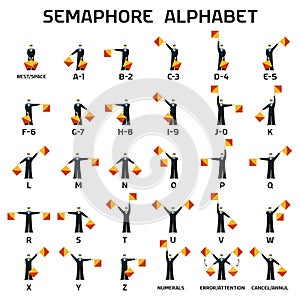 Semaphore alphabet flags on a white background