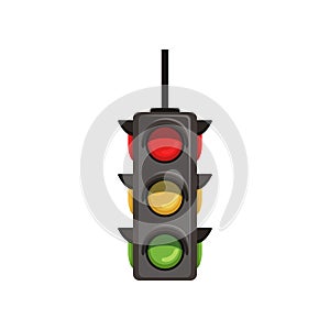 Semaphore with vertical arrangement of signals. Flat vector traffic light with red, yellow and green lamps. Signaling