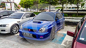 Semarang Indonesia November 18 2018 a blue Subaru Impreza WRX in a parking lot