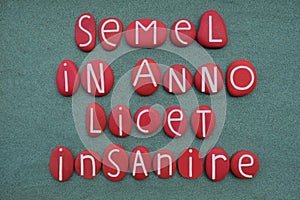 Semel in anno licet insanire, latin phrase meaning once in a year one is allowed to go crazy, composition with red colored stone l