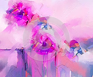 Semi- abstract image of flowers, in yellow pink and red with blue color. Modern art oil paintings for background