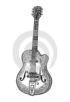 Semi acoustic guitar. Vintage vector black engraving illustration