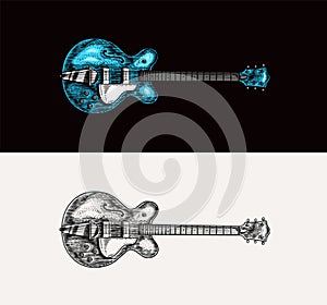 Semi-acoustic jazz bass guitar in monochrome engraved vintage style. Hand drawn sketch for Rock festival or blues and