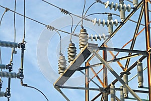 A semi artistic image of cables and insulators in a substation of the electrical grid