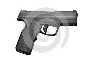 Semi automatic 9 mm handgun pistol isolated on white