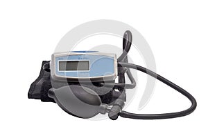 Semi-automatic digital tonometer for measuring blood pressure and pulse rate on a white background