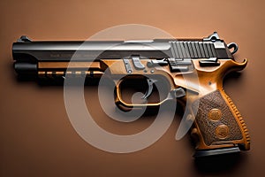 Semi-automatic handgun on a solid color background. Close-up. ai generative