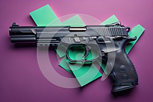 Semi-automatic handgun on a solid color background. Close-up. ai generative