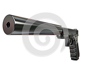 Semi - automatic modern tactical handgun with silencer - closeup shot