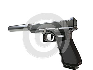 Semi - automatic modern tactical handgun with silencer - hand grip view