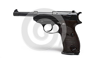 semi-automatic pistol wooden grip white background