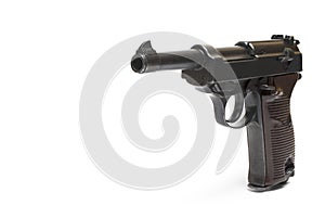 semi-automatic wooden grip pistol white background