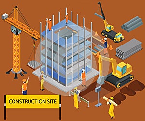 Semi-Construction of a building of Isometric Artwork Concept