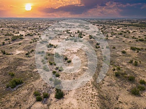 Semi-desert sand landscape, aerial view by drone