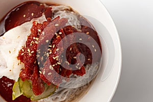 Semi-dry seasoning Alaska pollock Naengmyeon on white background