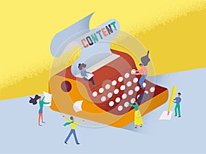 Semi flat vector illustration of corywriter maÑhine with people who type text.