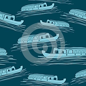 Semi-Oblique Indian Kerala Houseboat Vector Illustration Dark Seamless Pattern