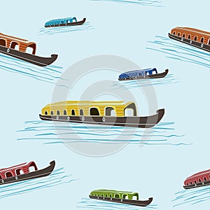 Semi-Oblique Keralan Houseboat Vector Illustration Seamless Pattern