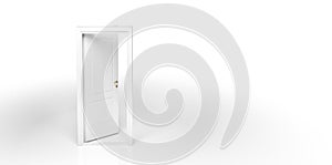 Semi open white door on white background