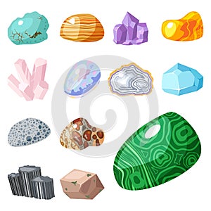 Semi precious gemstones stones and mineral stone isolated dice colorful shiny crystalline vector illustration
