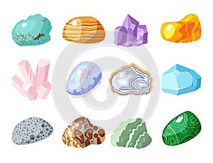 Semi precious gemstones stones and mineral stone isolated dice colorful shiny crystalline vector illustration