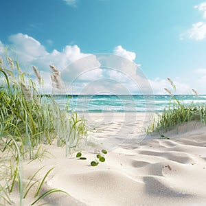 Semi-realistic Beach Scene With Grass On White Background photo