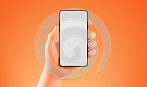 Semi Realistic Hand Holding Smartphone Over Orange Background, Mockup Template