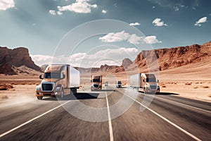 semi self-driving electric trucks driving AI down highway by sunset