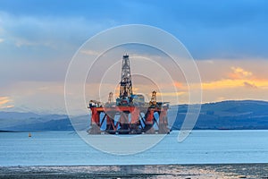Semi Submersible Oil Rig at Cromarty Firth during Sunset Time