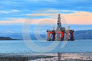 Semi Submersible Oil Rig at Cromarty Firth during Sunset Time