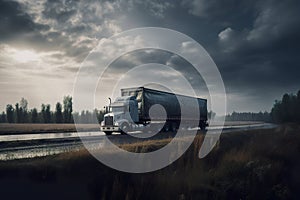 Semi trailer on asphalt road highway at sunset transportation background