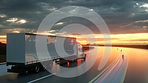 Semi trailer on asphalt road highway at sunset - transportation background. 3d rendering