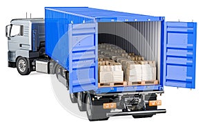 Semi-Trailer Cargo Truck with cardboard boxes. Freight transportation, delivery concept. 3D rendering