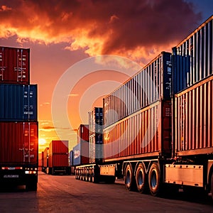 Semi trailer cargo truck with cargo container at sunrise or sunset