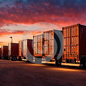 Semi trailer cargo truck with cargo container at sunrise or sunset