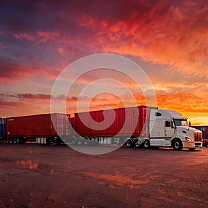 Semi trailer cargo truck with cargo container at sunrise or sunset