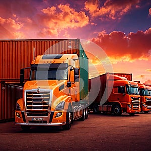 Semi trailer cargo truck with cargo container at sunrise or sunset