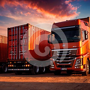 Semi trailer cargo truck with cargo container at sunrise or sunset