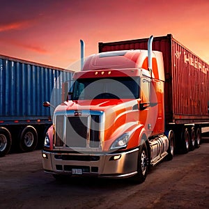 Semi trailer cargo truck with cargo container at sunrise or sunset