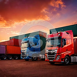 Semi trailer cargo truck with cargo container at sunrise or sunset