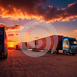 Semi trailer cargo truck with cargo container at sunrise or sunset