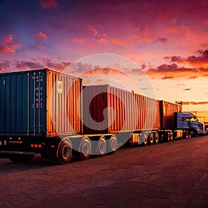 Semi trailer cargo truck with cargo container at sunrise or sunset