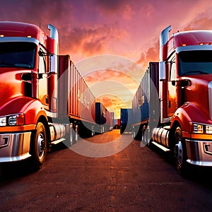 Semi trailer cargo truck with cargo container at sunrise or sunset