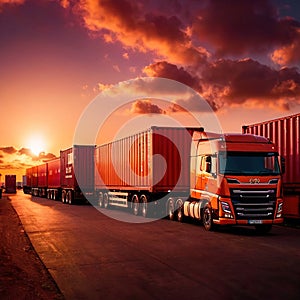 Semi trailer cargo truck with cargo container at sunrise or sunset
