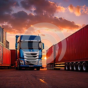 Semi trailer cargo truck with cargo container at sunrise or sunset