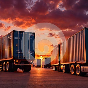 Semi trailer cargo truck with cargo container at sunrise or sunset