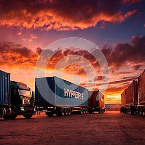 Semi trailer cargo truck with cargo container at sunrise or sunset