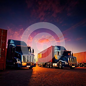 Semi trailer cargo truck with cargo container at sunrise or sunset