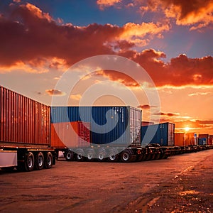 Semi trailer cargo truck with cargo container at sunrise or sunset